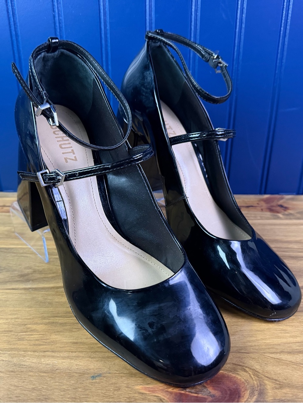Schutz Dorothy Black Patent Leather Mary Jane Block Heel Pumps 10B
